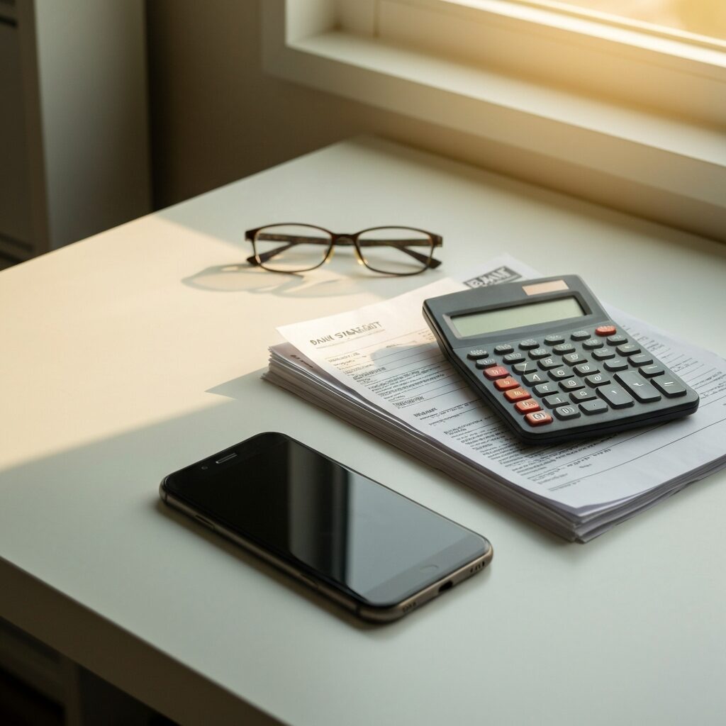 Calculatrice et relevé bancaire sur un bureau