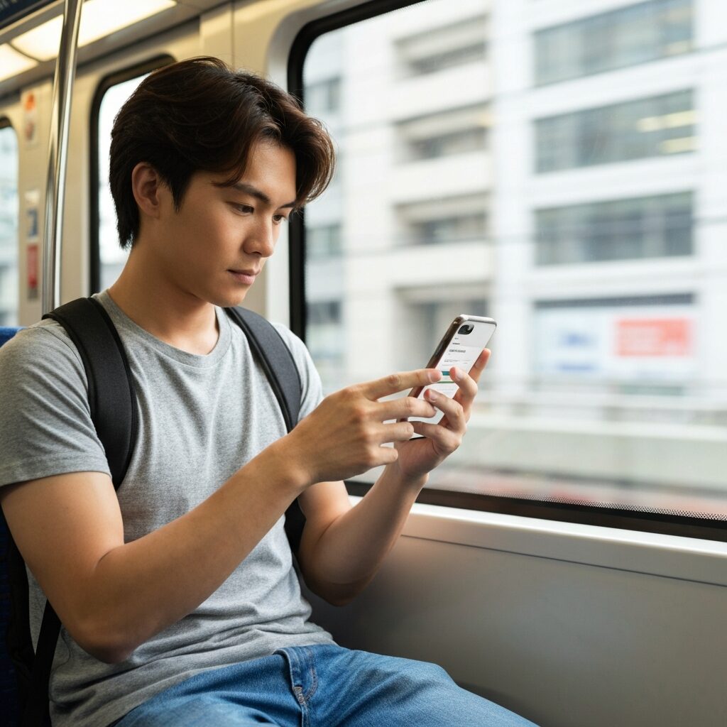 Personne utilisant une application bancaire dans le métro