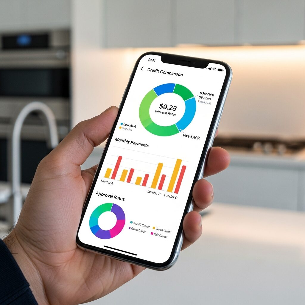 Smartphone affichant une application de comparaison de crédits