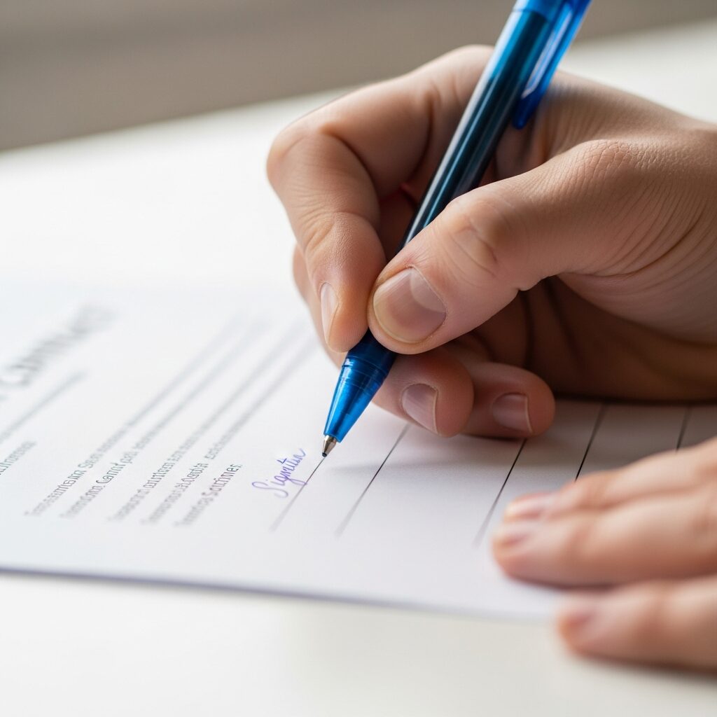 Gros plan sur une main signant un contrat de crédit avec un stylo