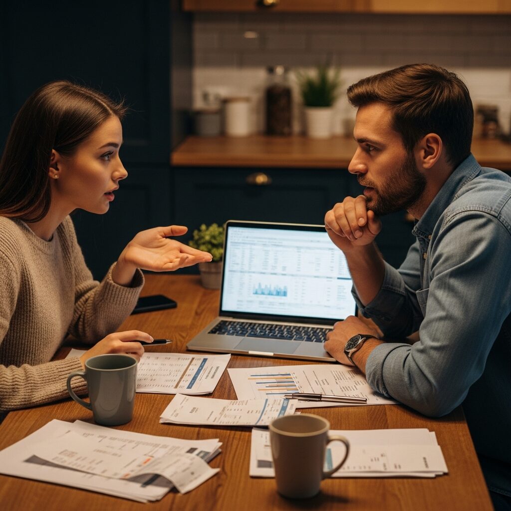 Couple discutant de leur budget devant des documents financiers