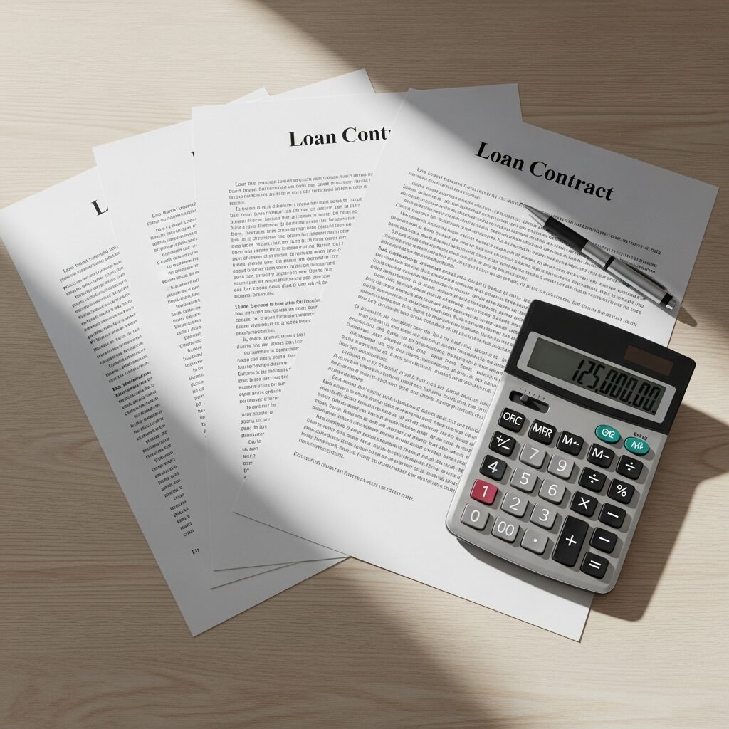 Documents de contrat de prêt posés sur un bureau avec une calculatrice