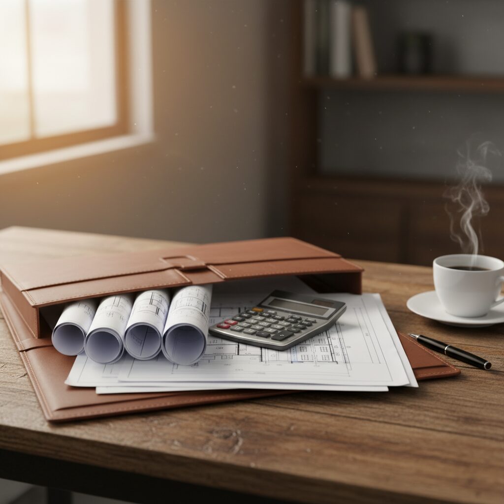 Dossier de projet immobilier ouvert sur un bureau avec une calculatrice