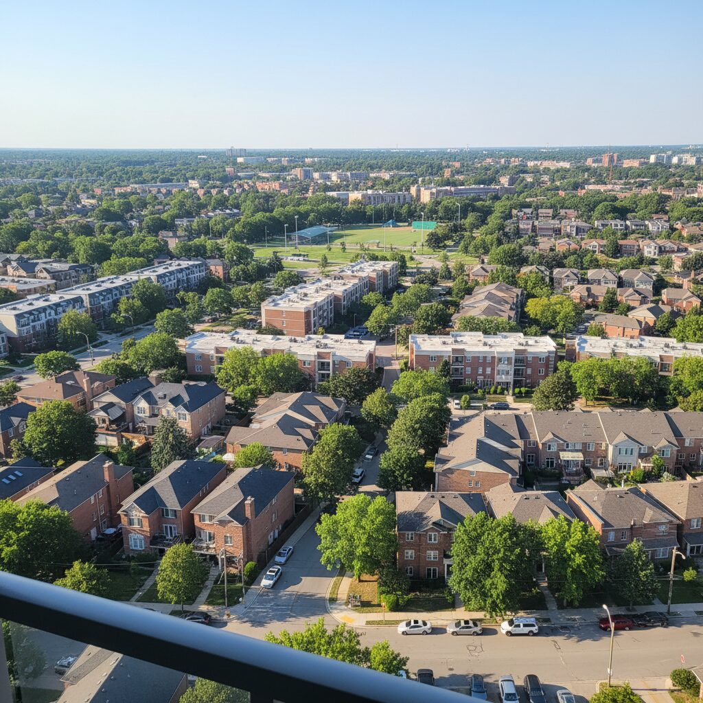 Vue aérienne d'un quartier résidentiel avec différents types de bâtiments