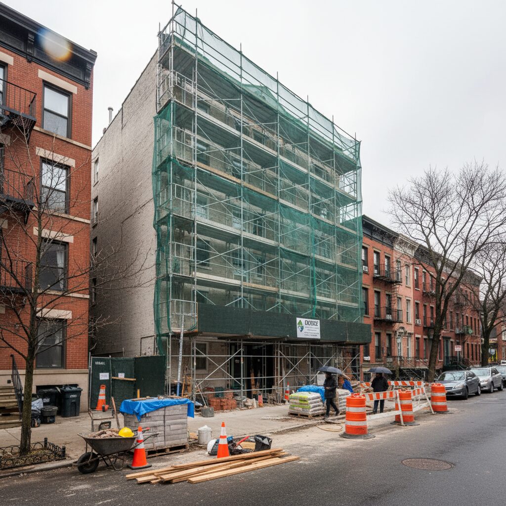 Bâtiment en cours de rénovation avec des échafaudages