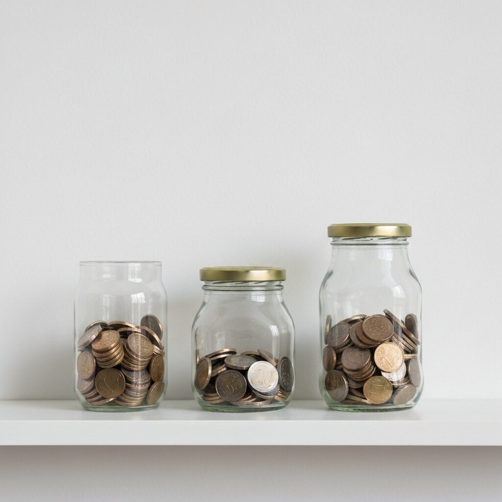 Trois bocaux en verre avec des étiquettes et des pièces de monnaie