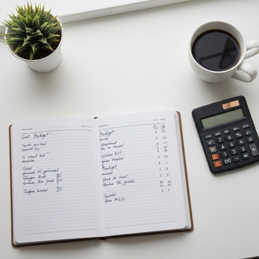 Cahier avec un plan d'épargne et un stylo