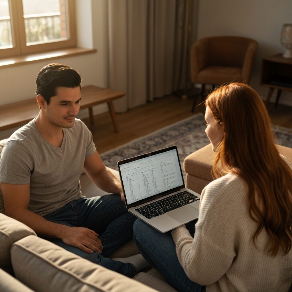 Couple discutant de leur budget sur un canapé avec un ordinateur