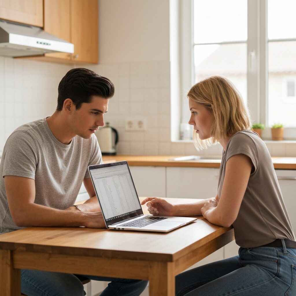 Famille planifiant ses finances autour de la table de la cuisine