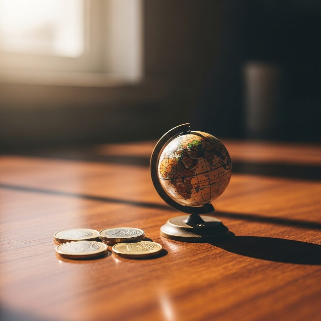 Globe terrestre miniature posé sur un bureau à côté de pièces