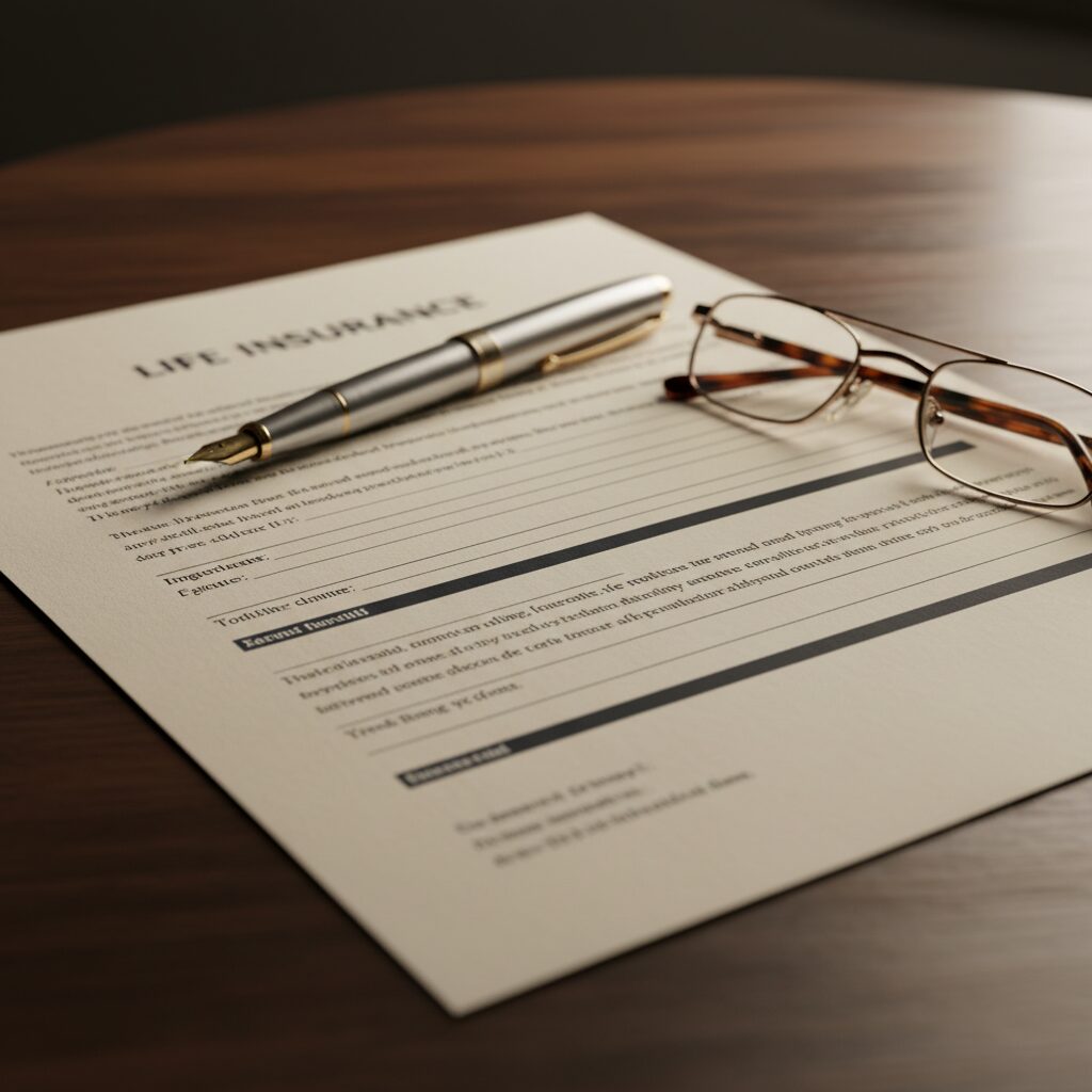 Contrat d'assurance-vie posé sur une table avec un stylo plume
