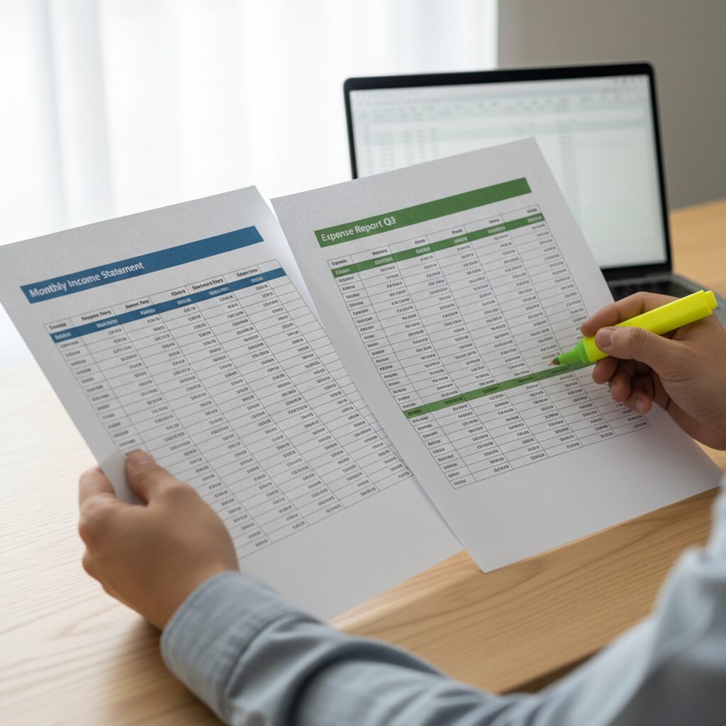 Personne comparant des documents financiers côte à côte