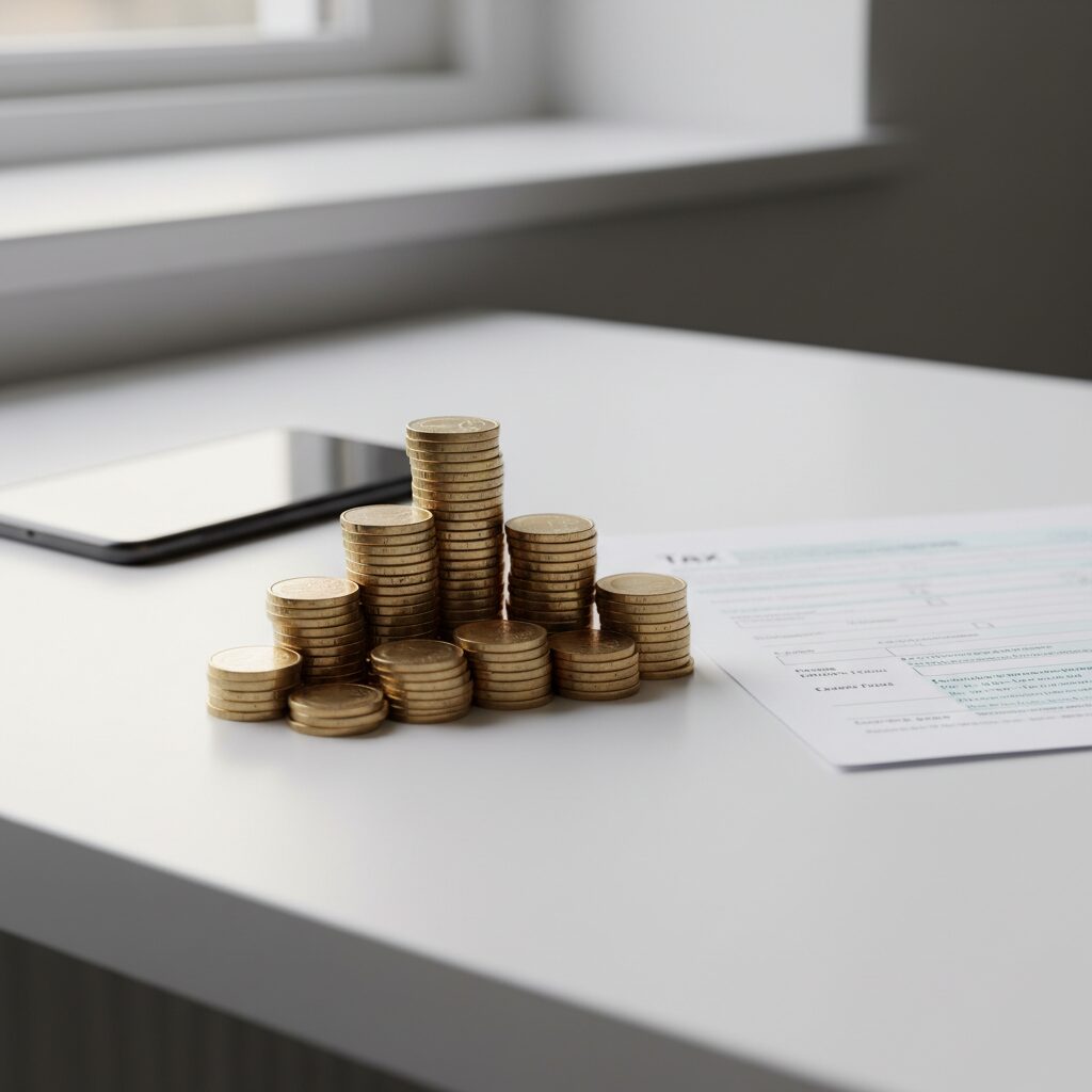Pièces de monnaie empilées à côté d'un formulaire fiscal