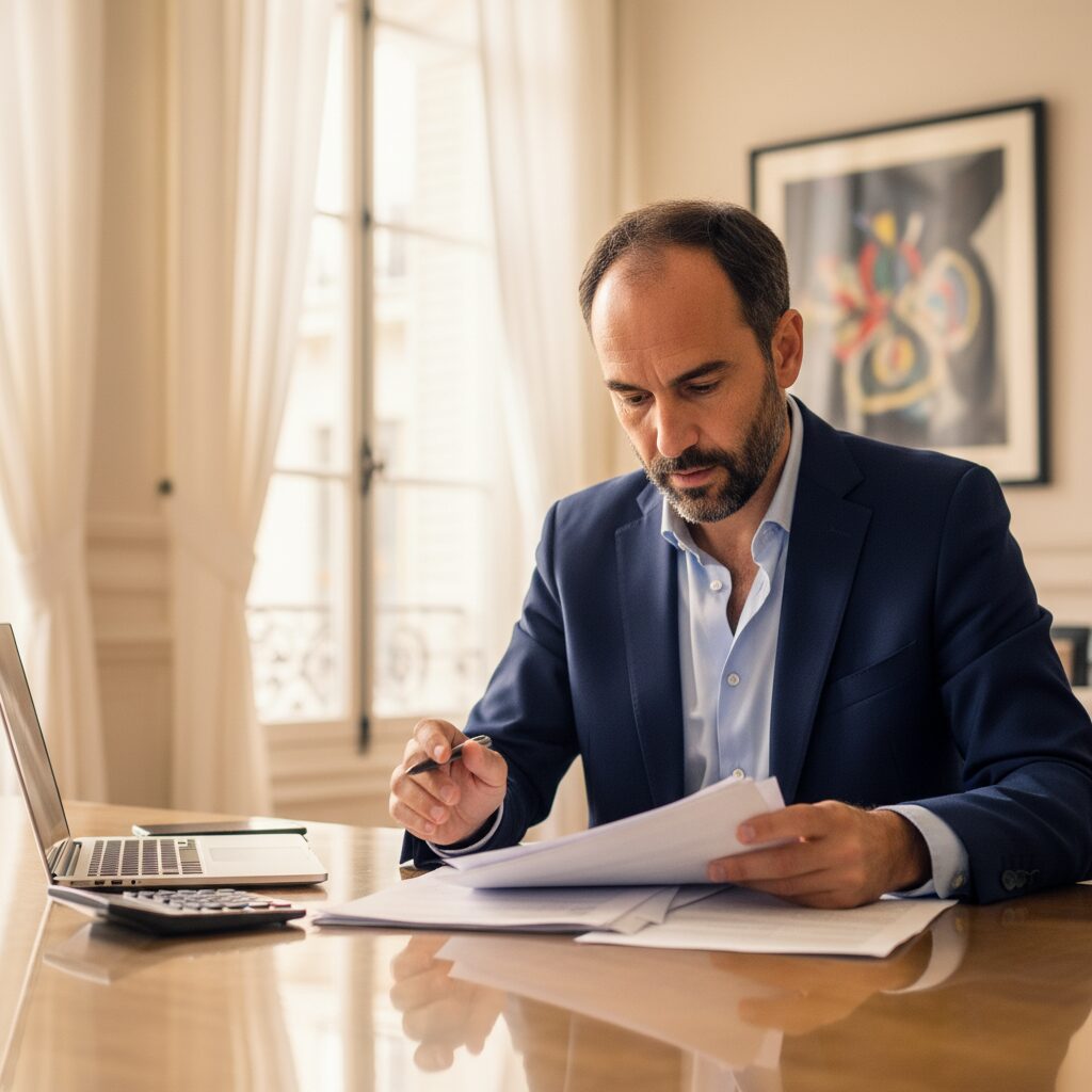 Conseiller financier analysant des documents fiscaux dans un bureau parisien