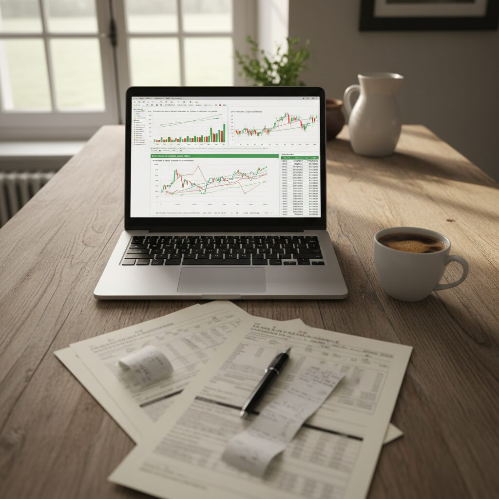 Documents fiscaux et ordinateur portable sur une table de cuisine pour préparer la déclaration de revenus