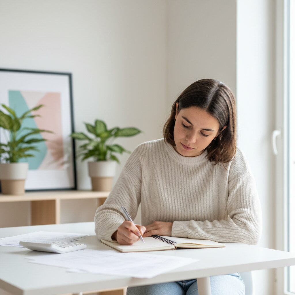 Jeune femme calculant l'impact fiscal de ses placements financiers à son bureau