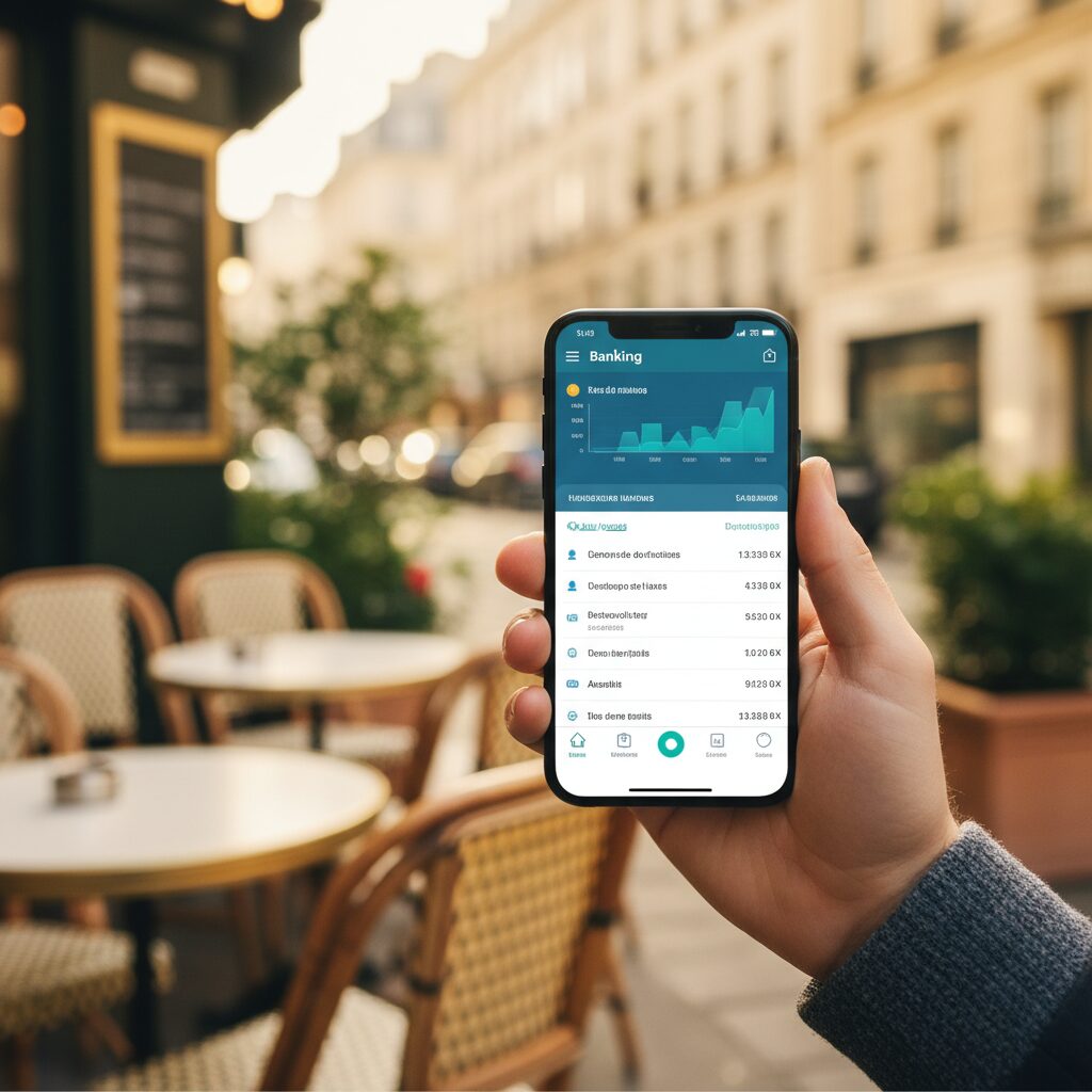 Main tenant un smartphone avec une application bancaire sur une terrasse de café français