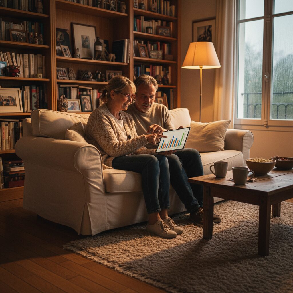 Couple examinant leurs relevés financiers sur une tablette dans leur salon