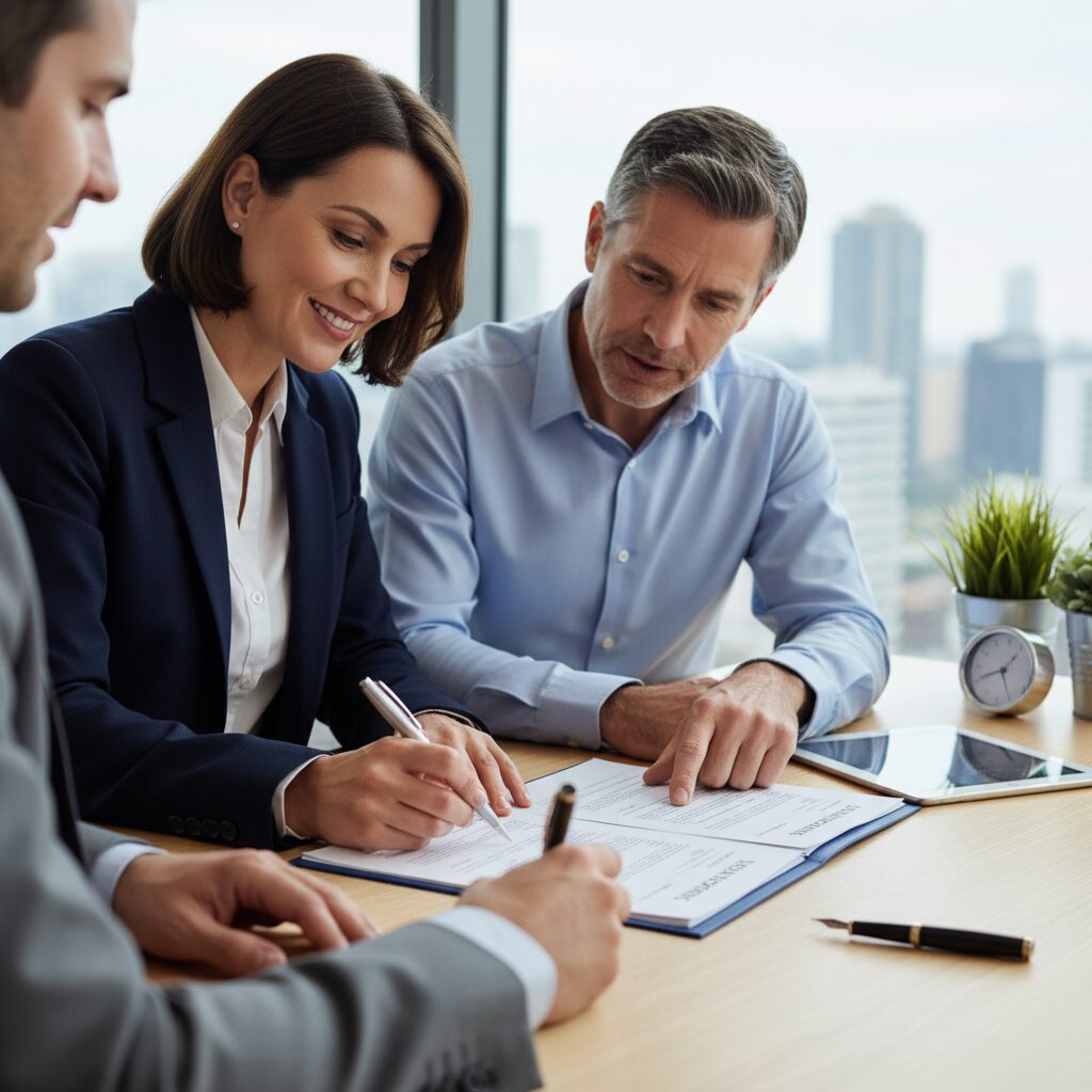 Couple signant un contrat d'assurance-vie chez un conseiller