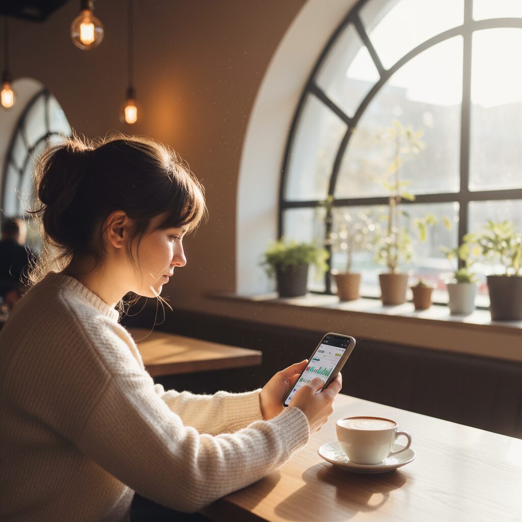Femme consultant ses placements sur son smartphone dans un café