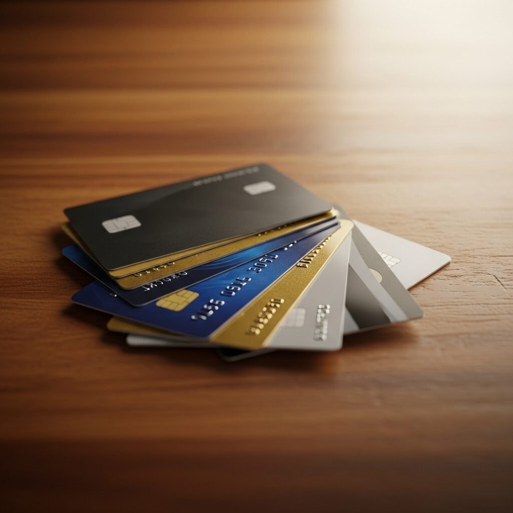 Plusieurs cartes bancaires posées en éventail sur une table en bois