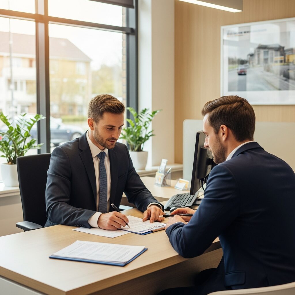 Client en discussion avec un conseiller bancaire dans une agence