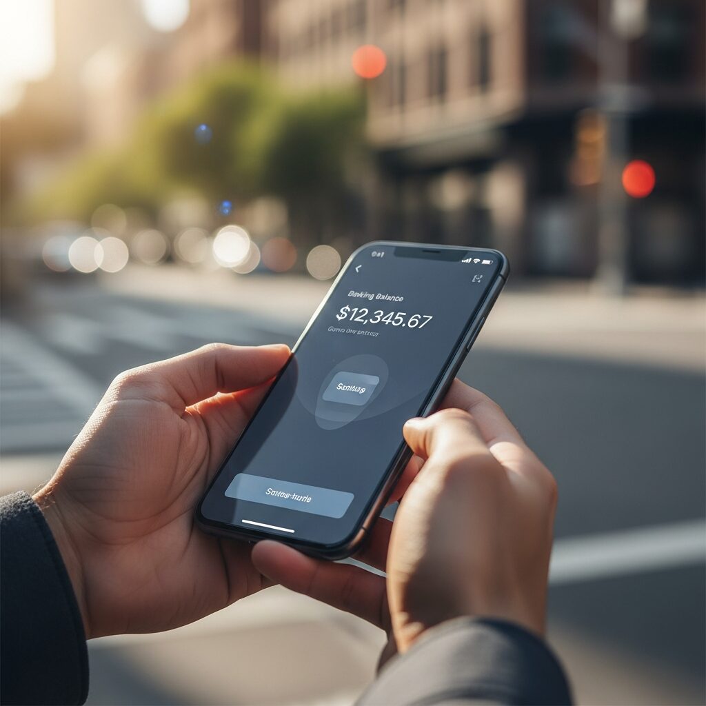 Main tenant un smartphone avec une application bancaire moderne ouverte