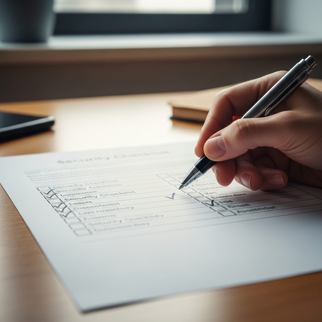 Checklist de sécurité bancaire sur un bureau