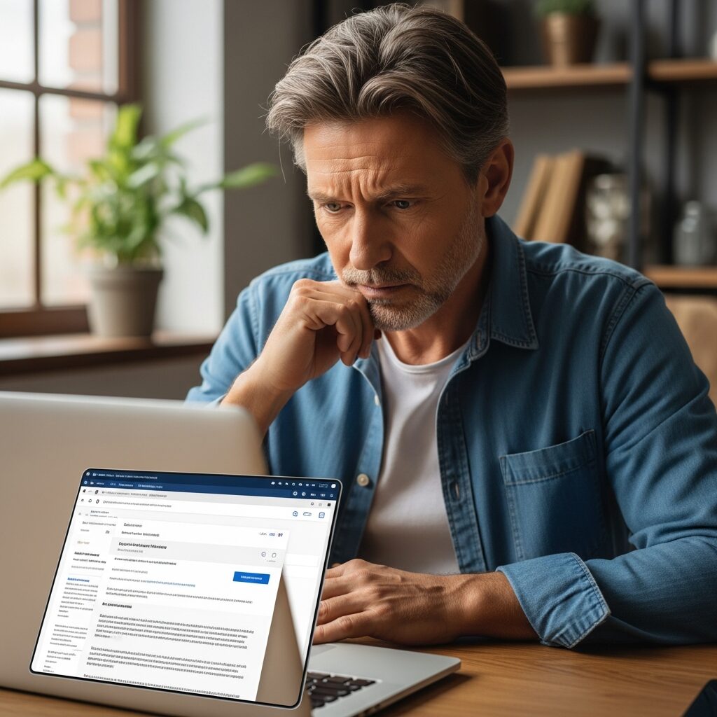 Personne inquiète devant un email frauduleux sur ordinateur