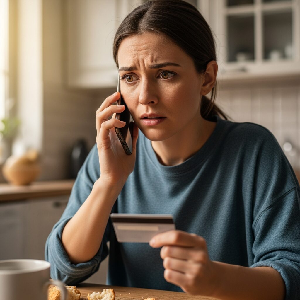 Personne au téléphone avec sa banque, expression inquiète
