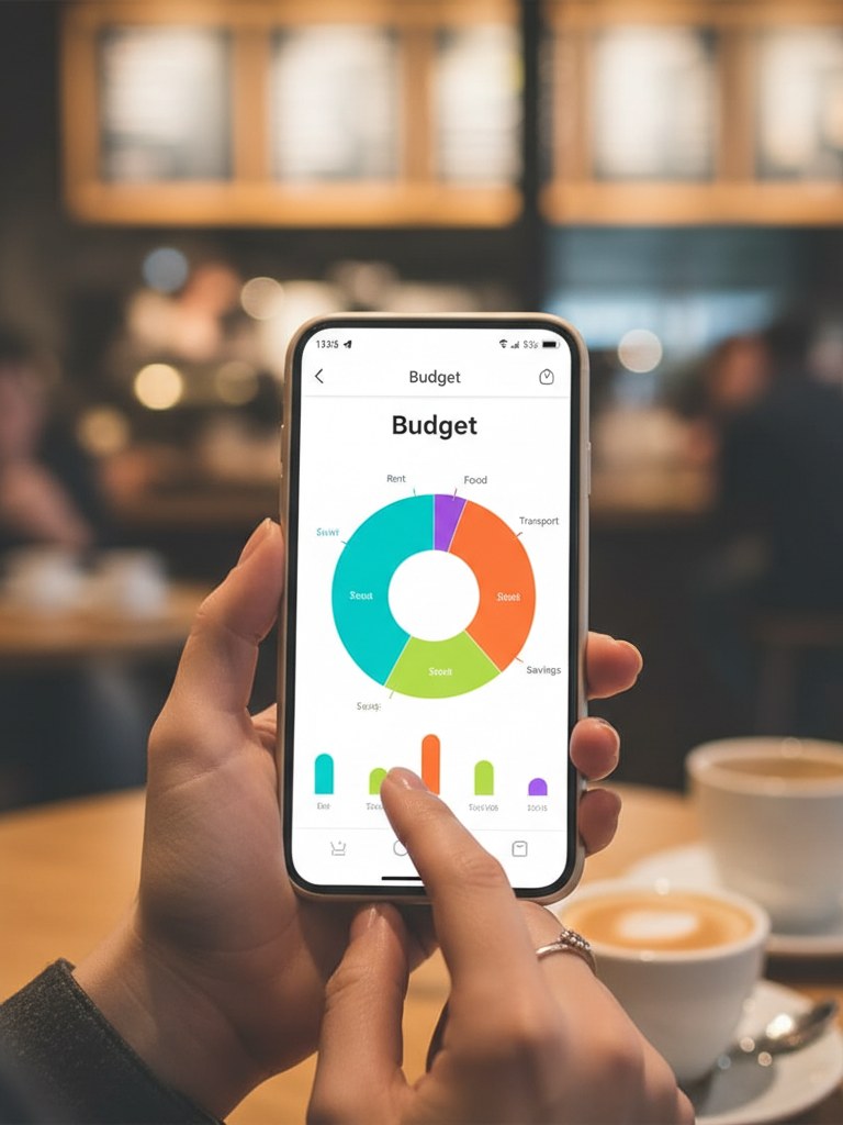 Smartphone affichant une application de budget avec graphique camembert