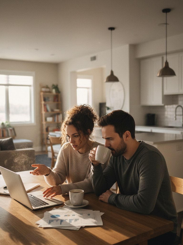 Jeune couple discutant de leur budget devant un ordinateur portable