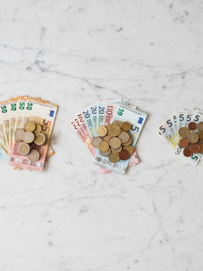 Billets et pièces en euros organisés en trois piles représentant la répartition budgétaire 50/30/20