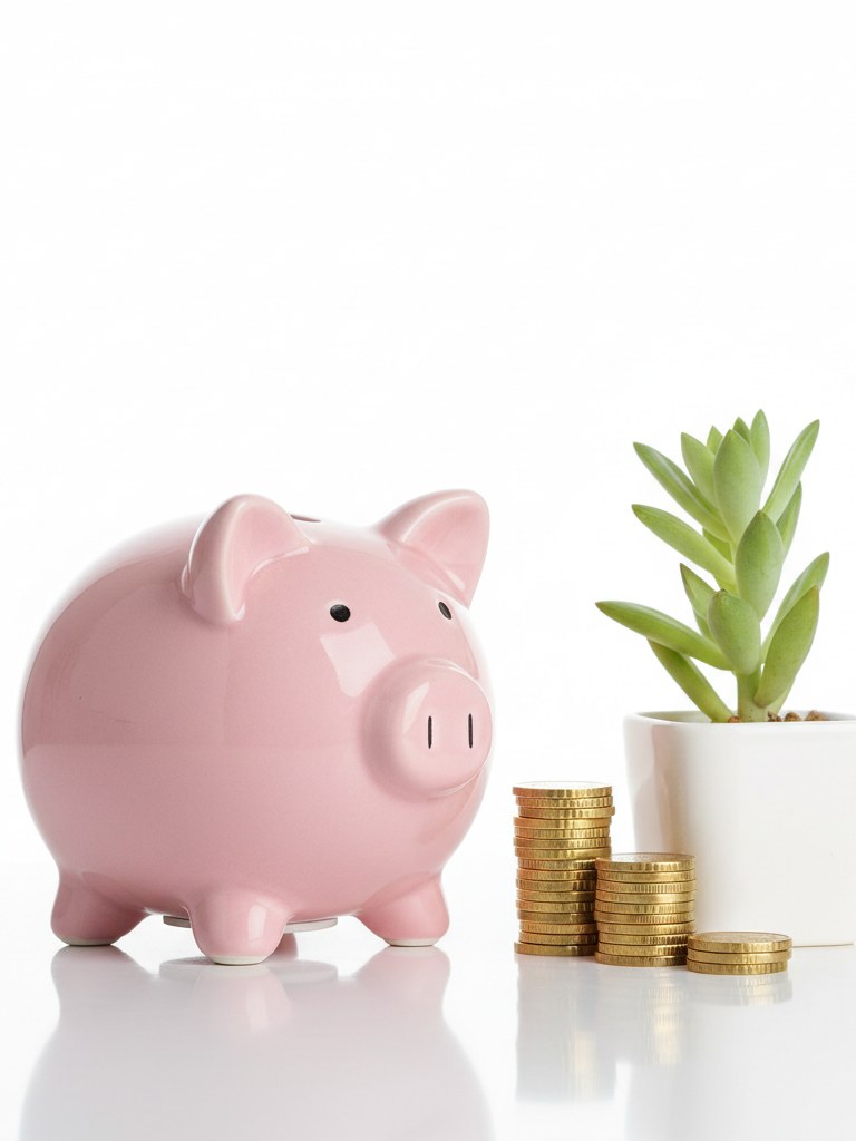 Tirelire à côté de pièces en euros empilées et d'une petite plante verte symbolisant la croissance de l'épargne