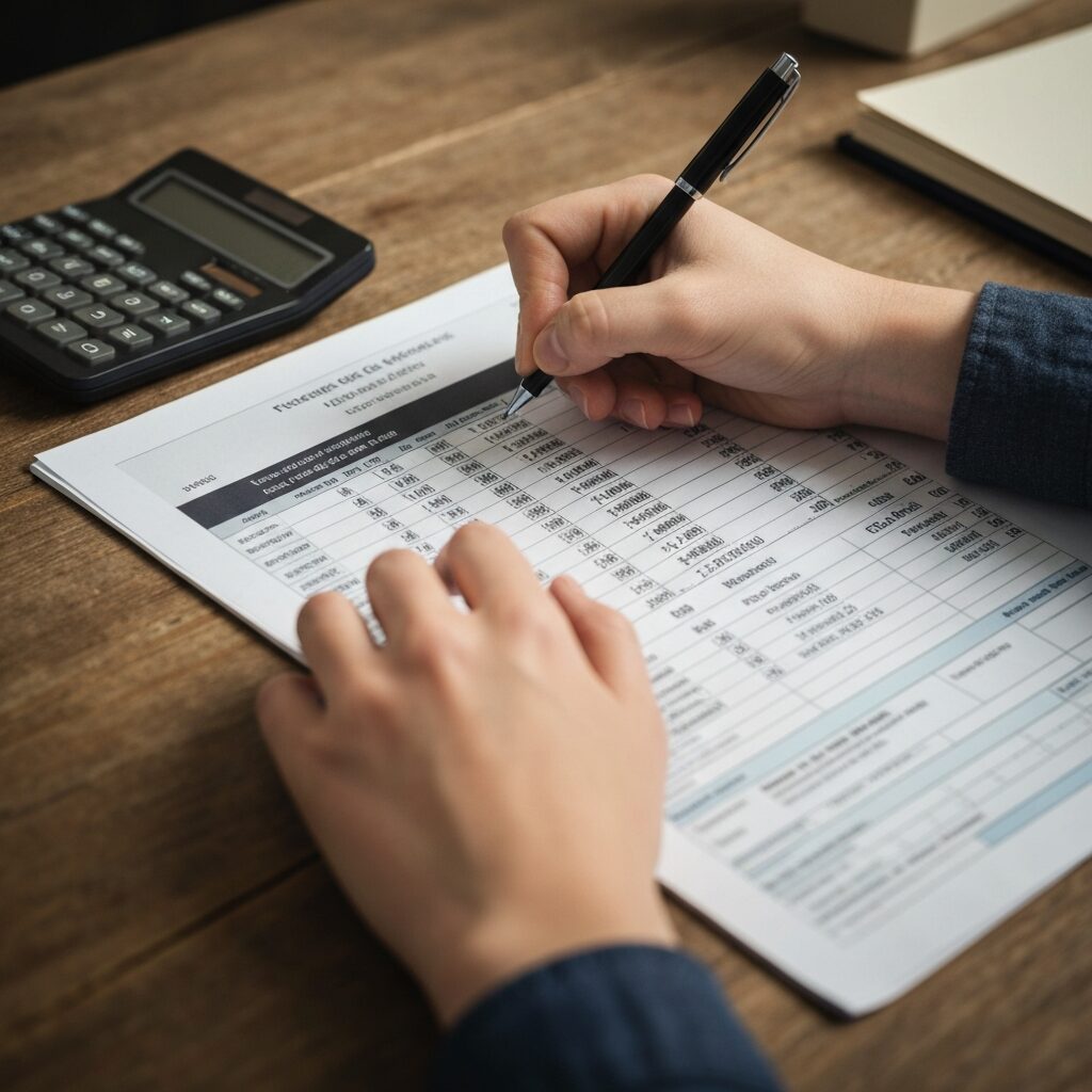Mains écrivant sur une feuille de calcul financière avec calculatrice et formulaire fiscal