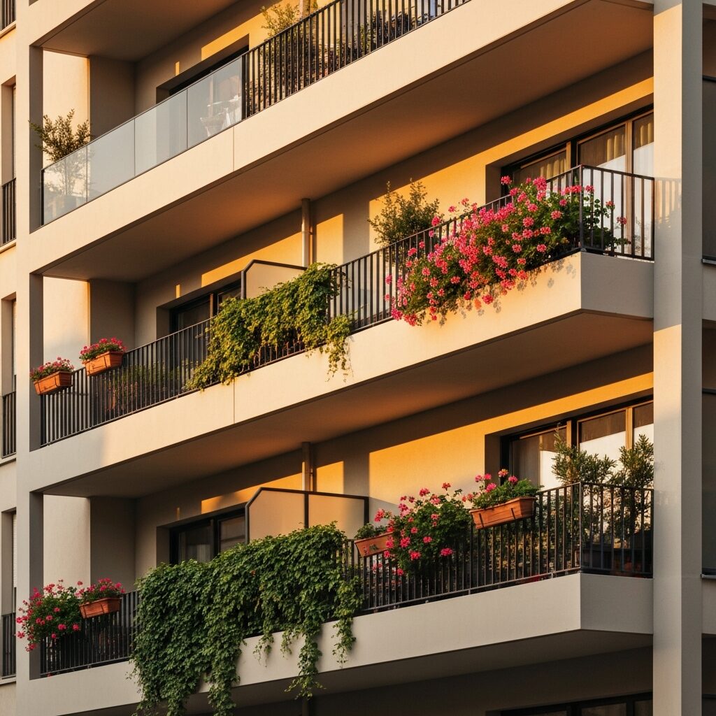 Immeuble résidentiel moderne en ville française au coucher du soleil