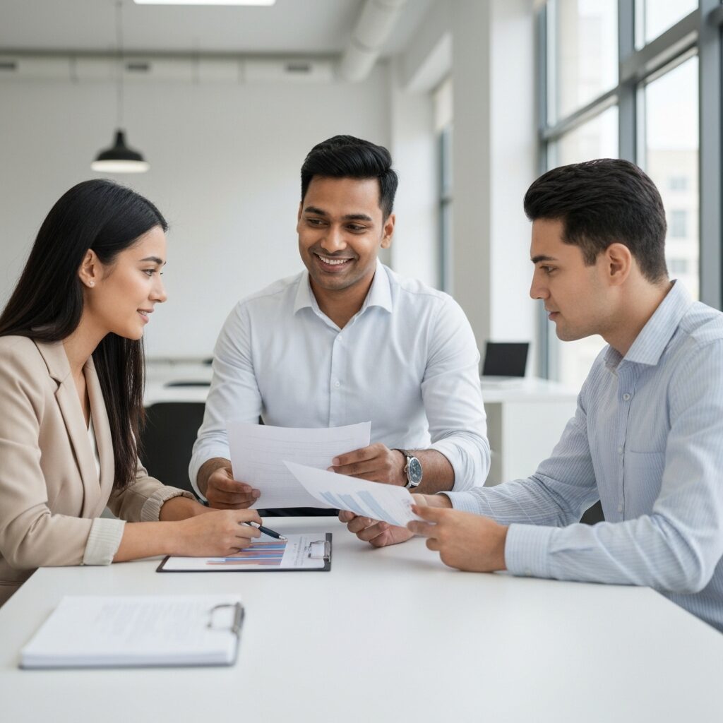 Conseiller financier discutant avec un couple dans un bureau moderne