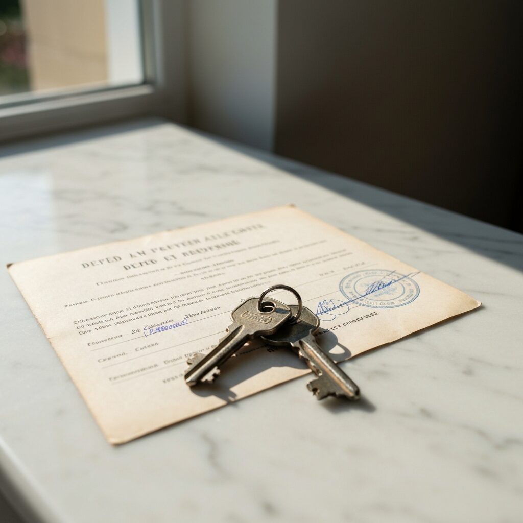 Acte de propriété et clés de maison sur un comptoir en marbre