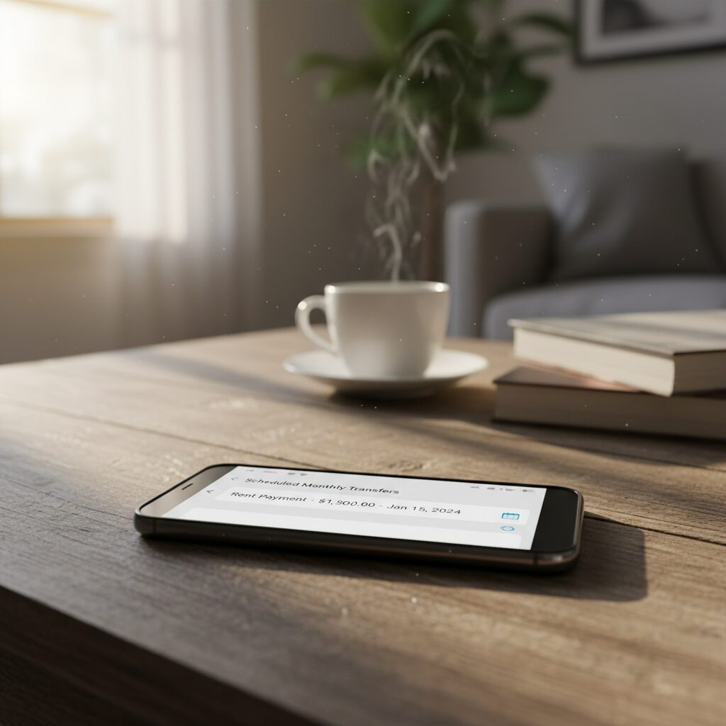 Smartphone affichant un virement automatique mensuel vers un compte épargne