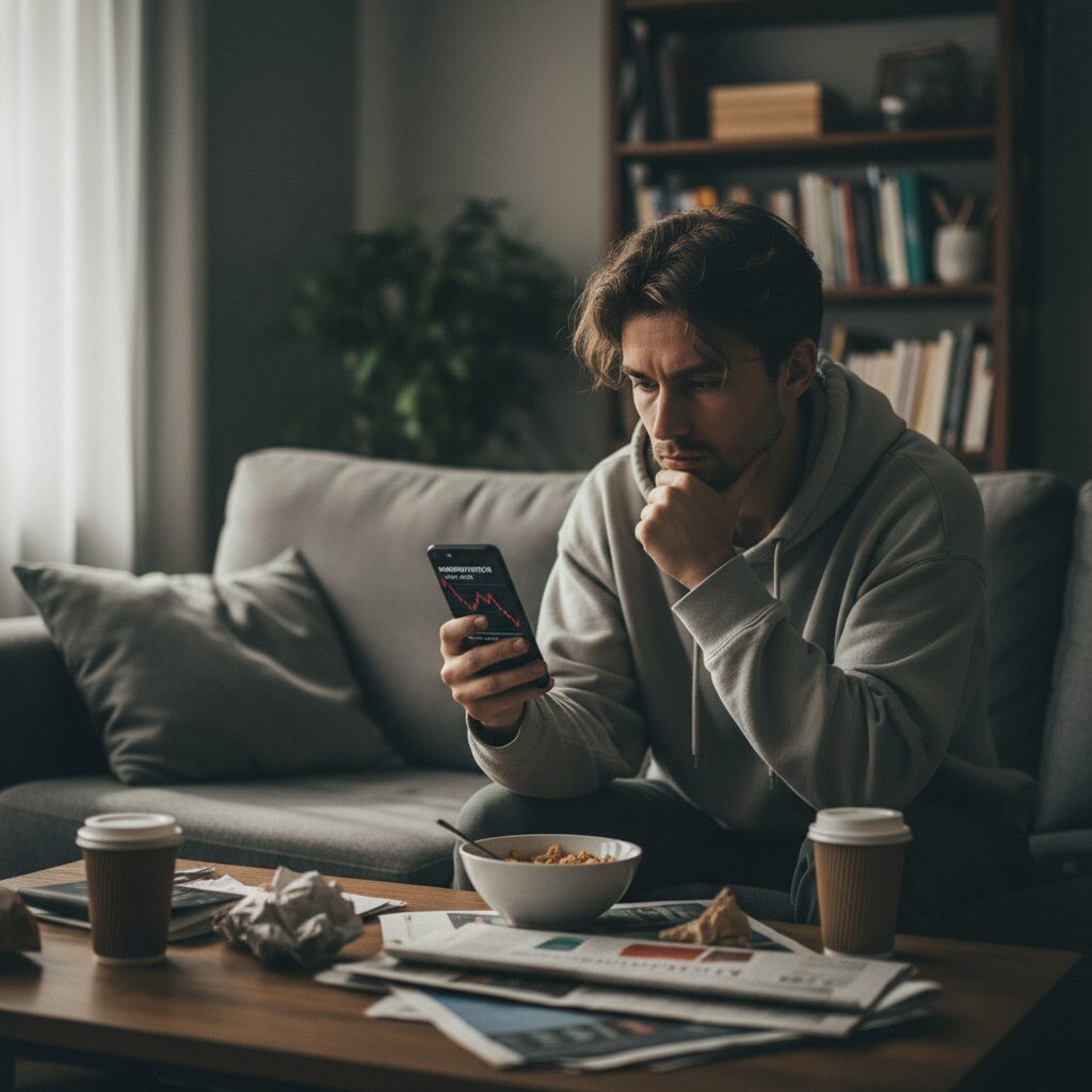 Jeune investisseur concentré devant un écran de trading avec expression soucieuse
