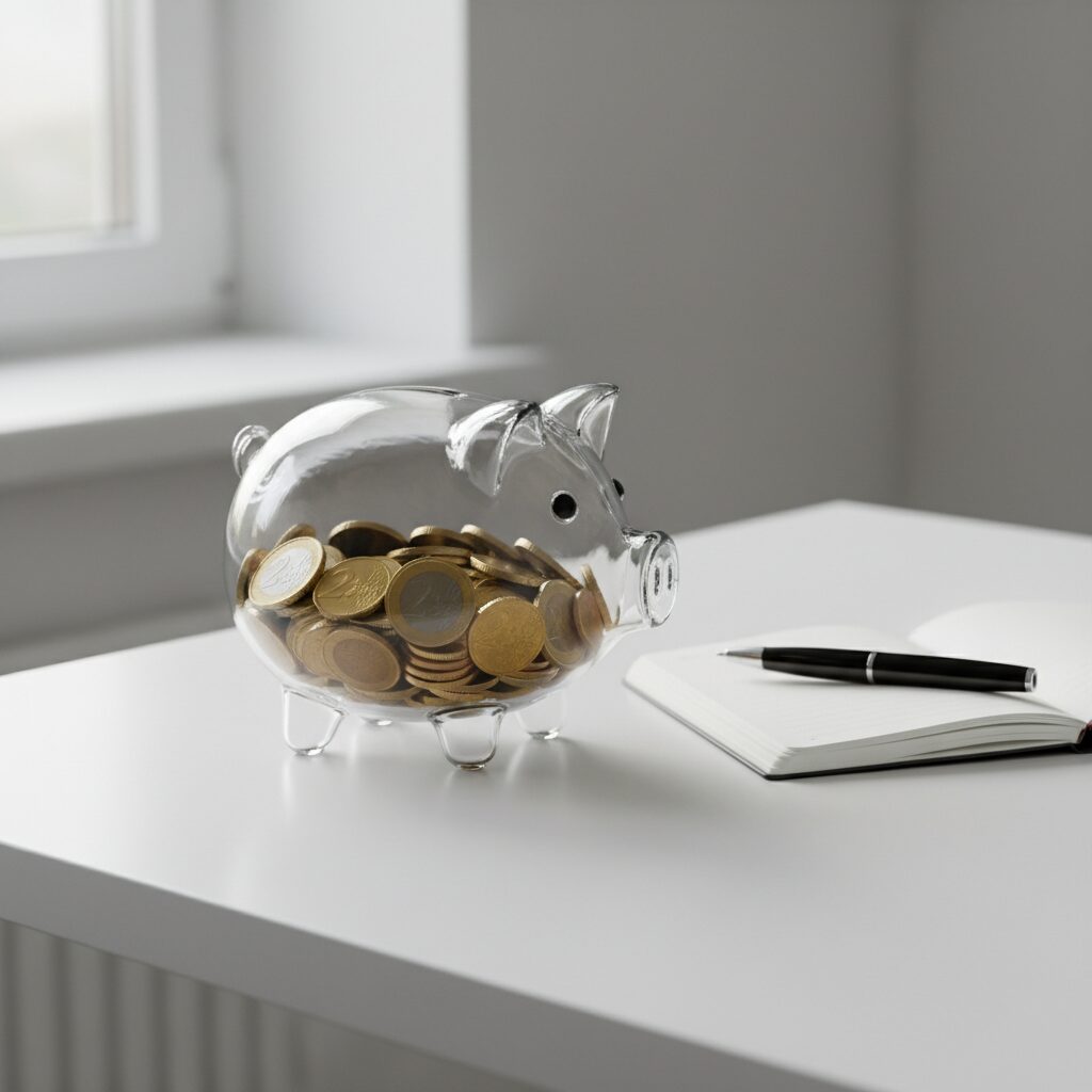 Tirelire transparente avec pièces sur un bureau minimaliste