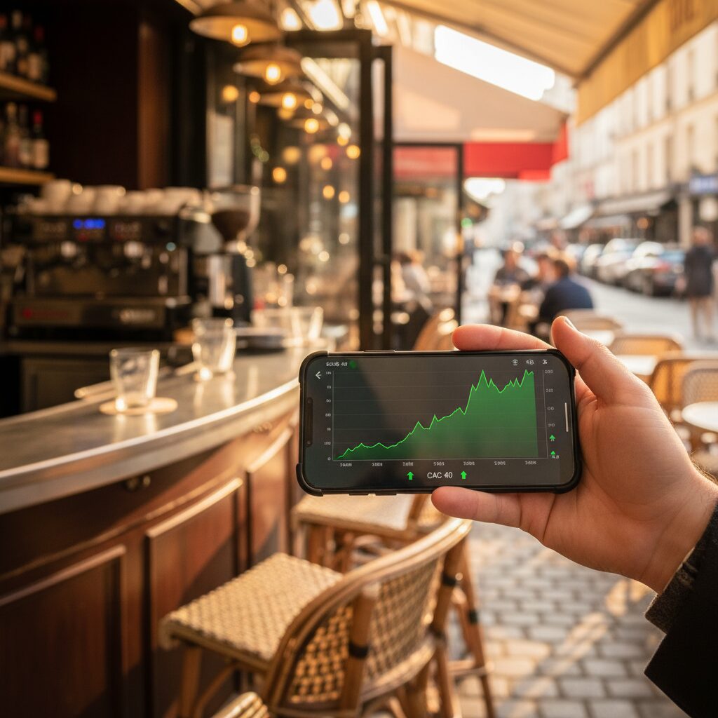 Main tenant un smartphone affichant un graphique boursier en hausse dans un café parisien