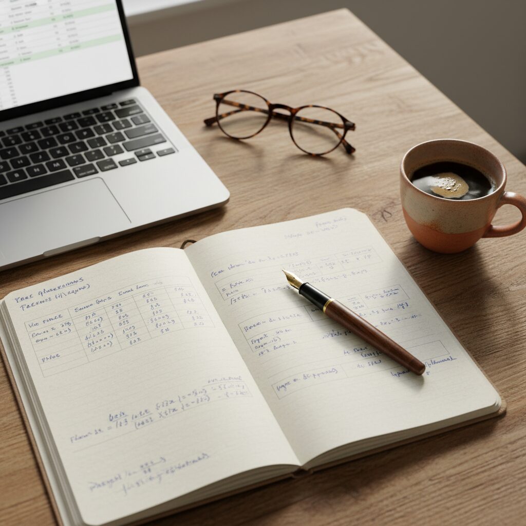 Bureau avec carnet de calculs financiers et ordinateur portable pour préparer son investissement en PEA