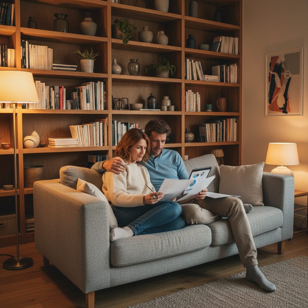 Couple français étudiant ensemble leur stratégie d'investissement programmé dans leur salon