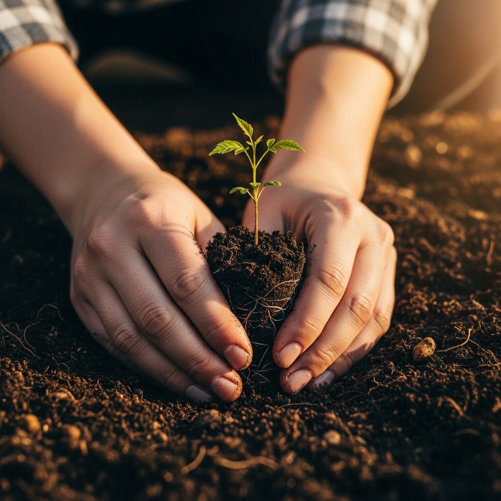 Mains plantant un arbre dans un jardin