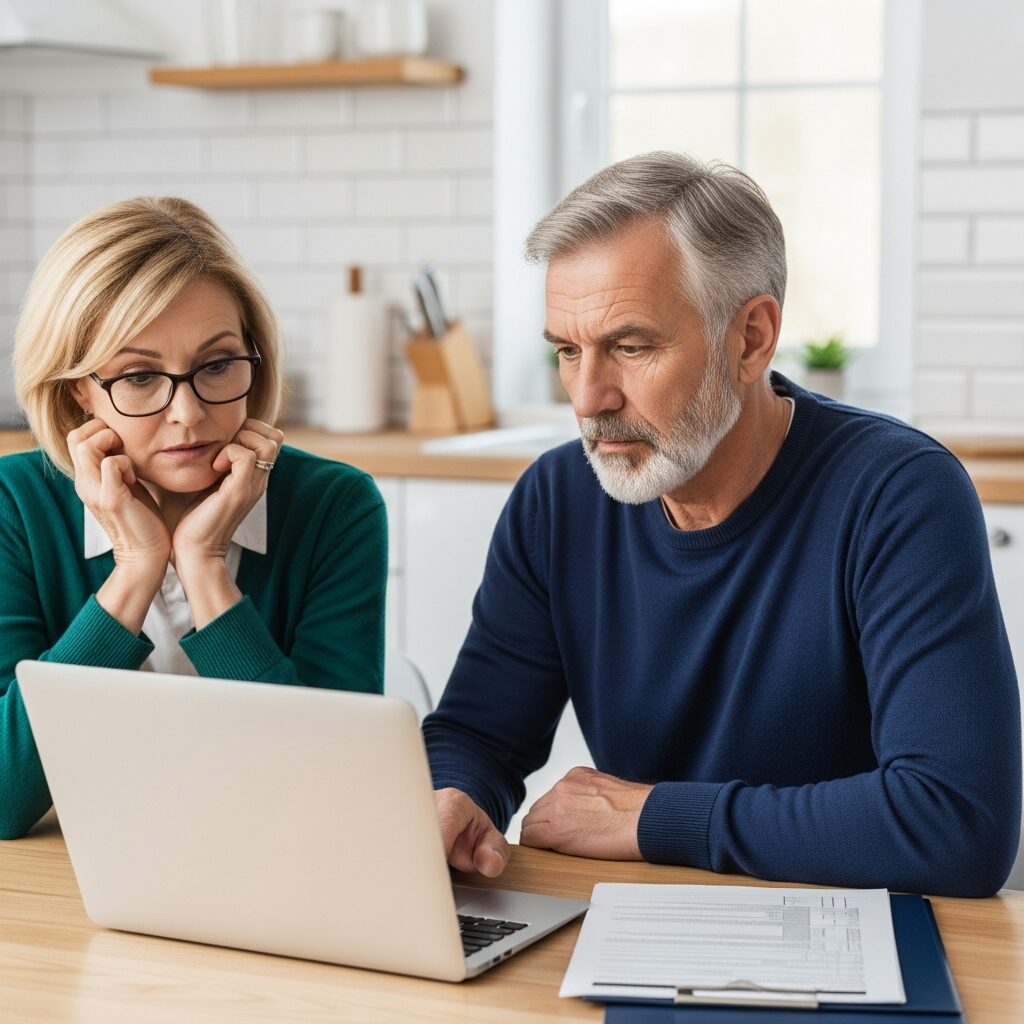 Couple vérifiant un avis d'imposition sur un ordinateur portable