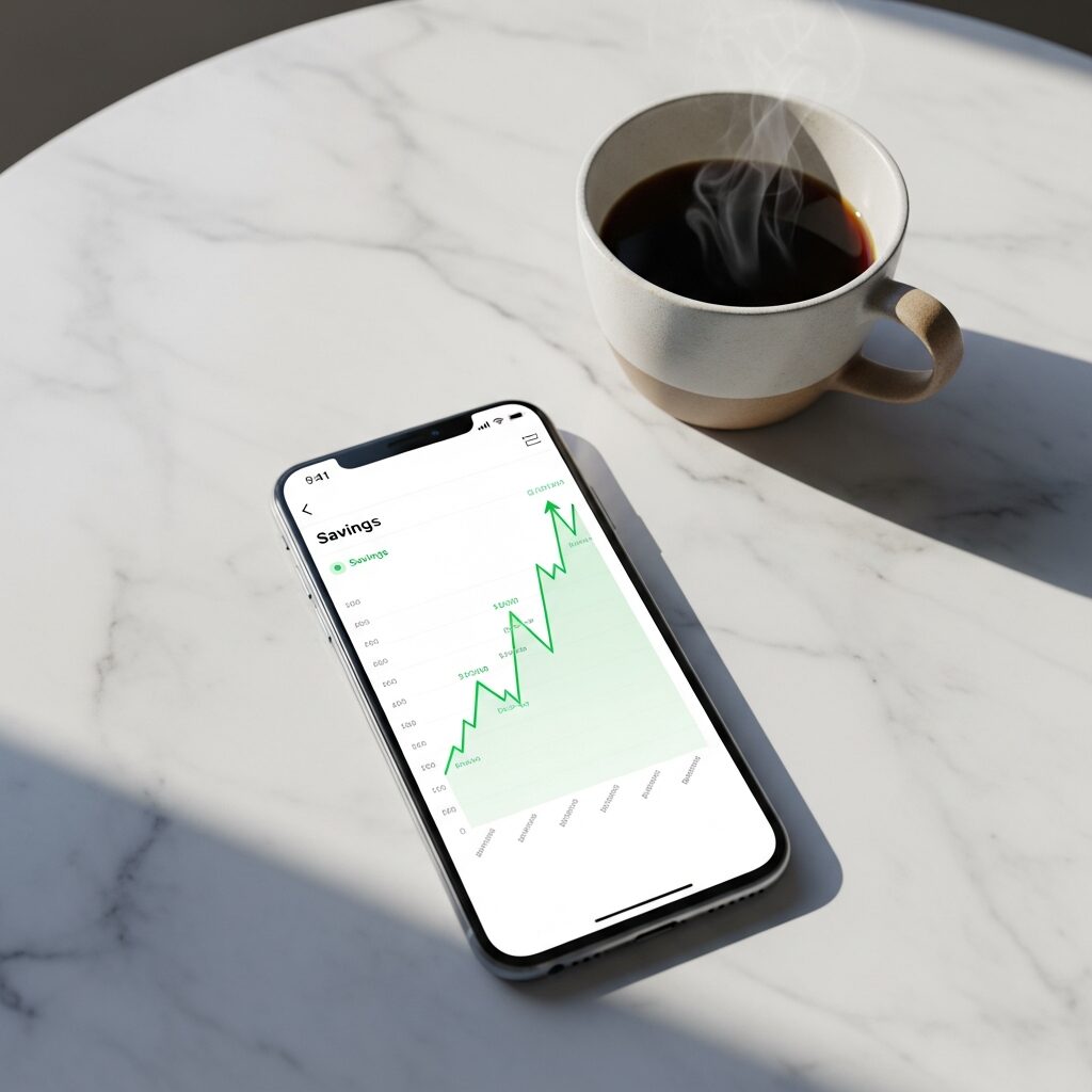Smartphone affichant une application bancaire avec un graphique vert