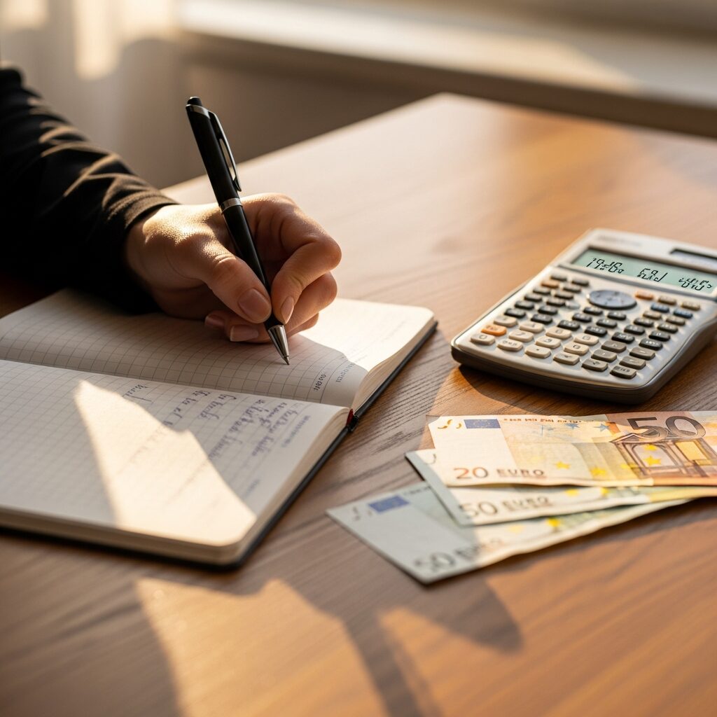Personne prenant des notes dans un cahier à côté d'une calculatrice