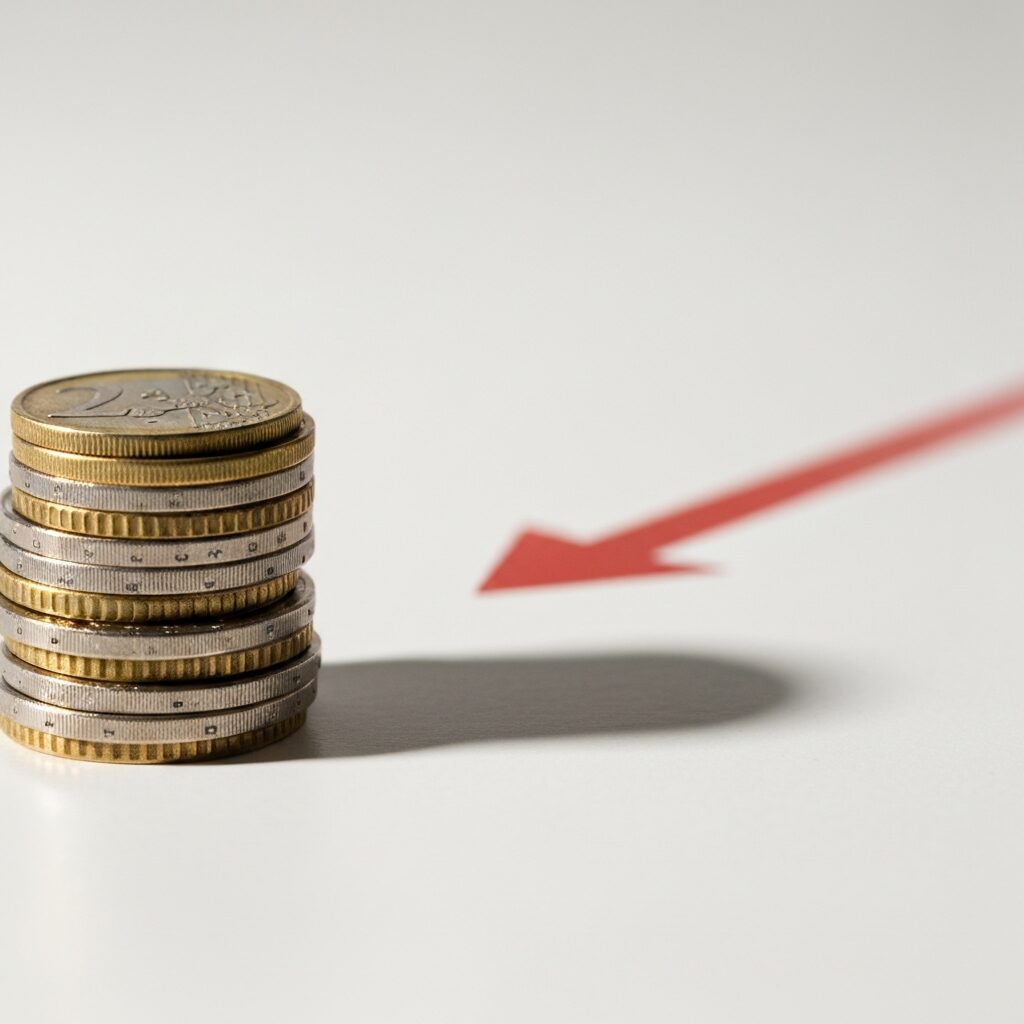 Pièces empilées avec une flèche descendante symbolisant la perte de pouvoir achat