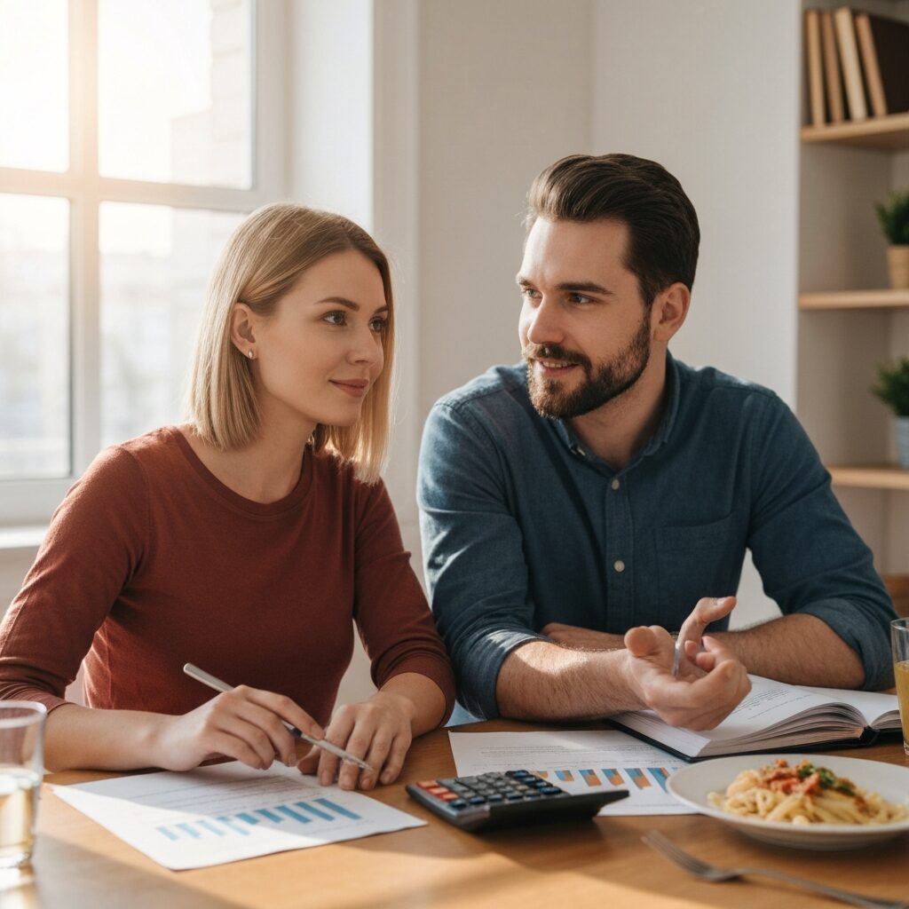 Couple planifiant leur épargne à table